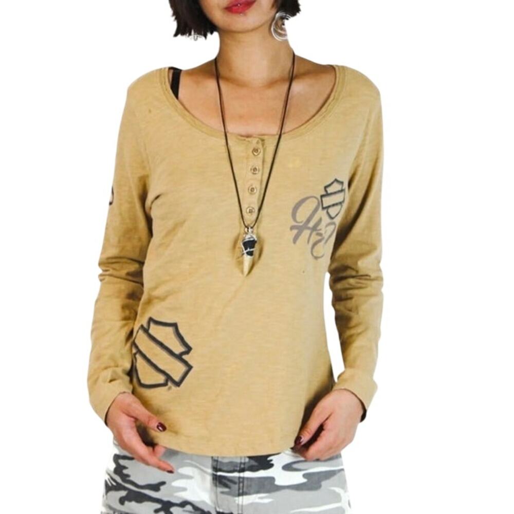 HARLEY-DAVIDSON Persistence LS Henley Top Women XL Light Bronze Biker Moto Boho